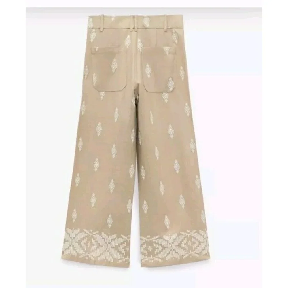 ZARA Linen Blend Embroidered Wide Leg Crop Pants Beige Blogger F 2731 047